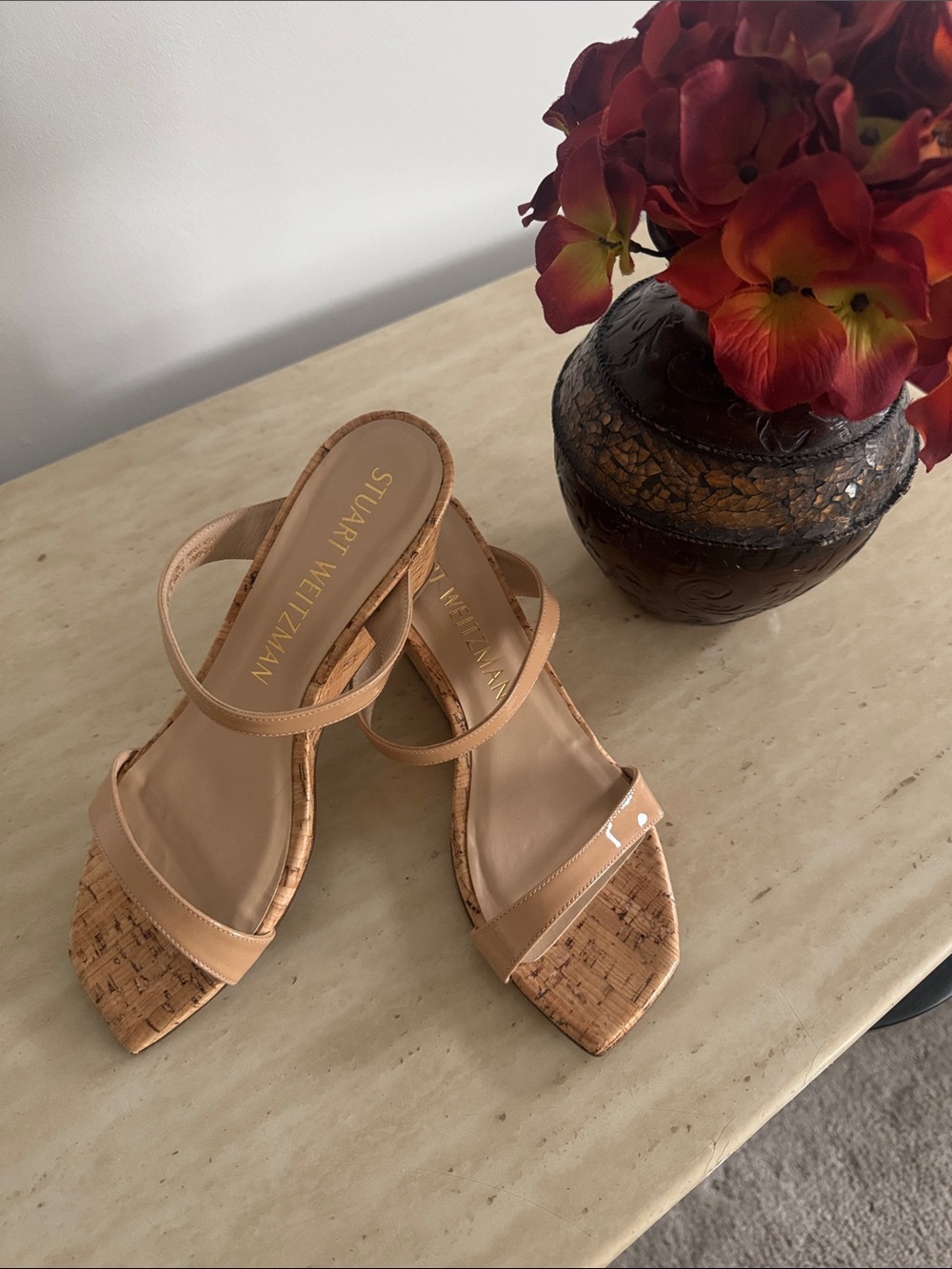 Stuart Weitzman Beige Cork-Strap Square-Toe Sandal